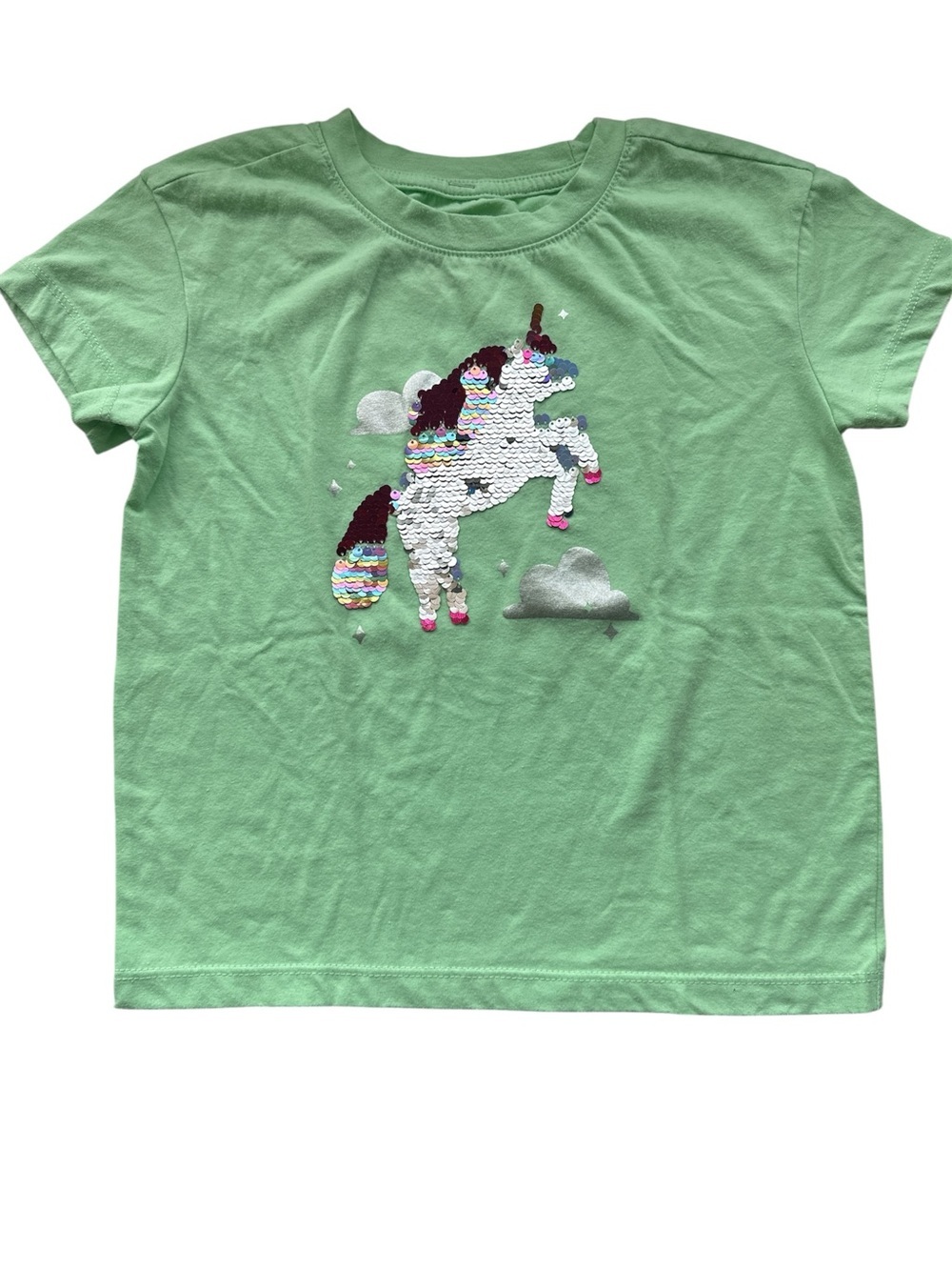 Cat & Jack Kid’s Apple Green Unicorn Sequin Small 6-7 Girls Casual Tshirt